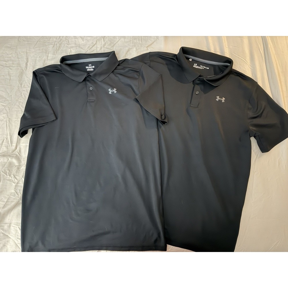 Two Under Armour HeatGear Boys YXL Black Solid Short Sleeve Polo Shirt